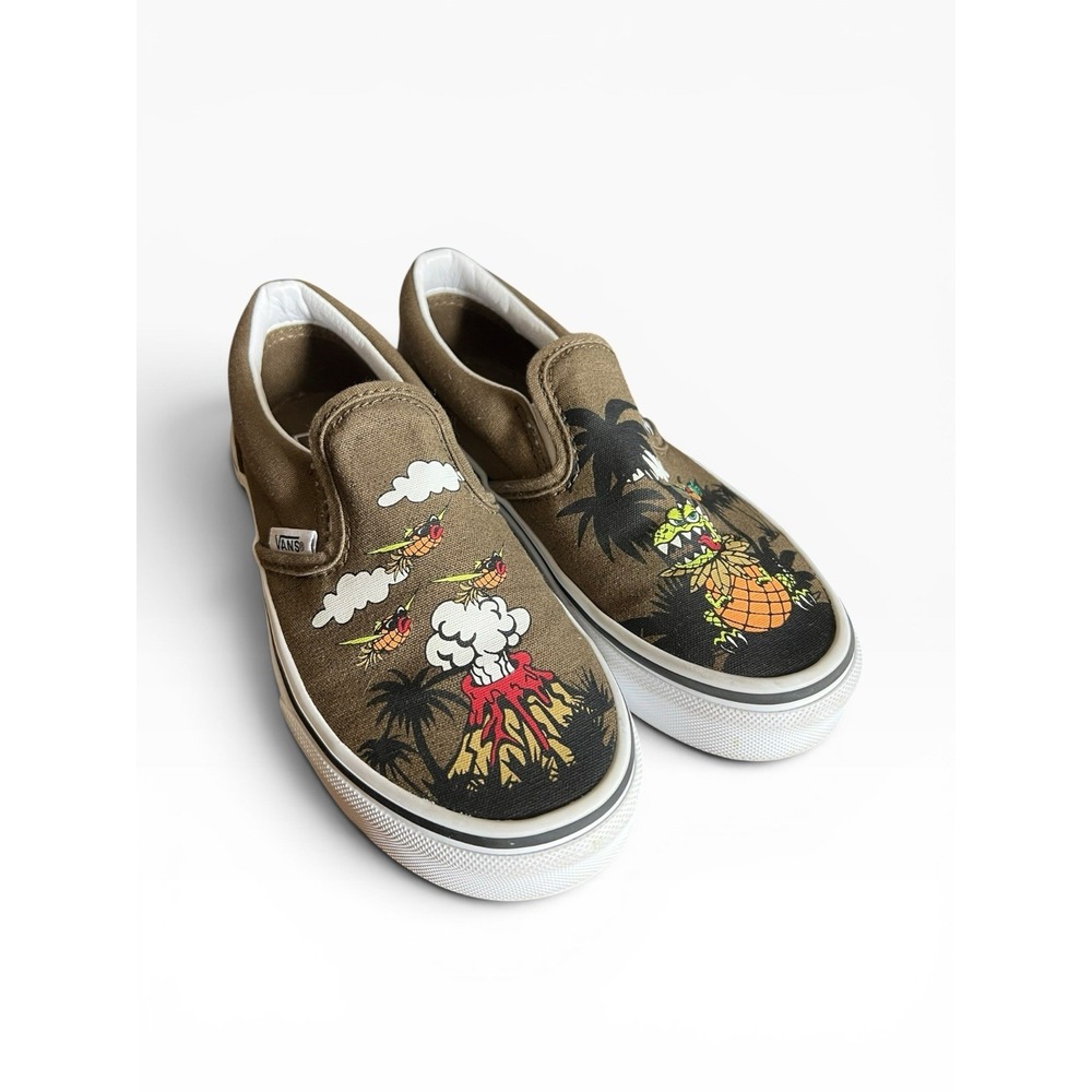 Vans Slip On Kids Skate Shoes Sz 2 Monster Tropical Volcano Canvas "Dineapple"